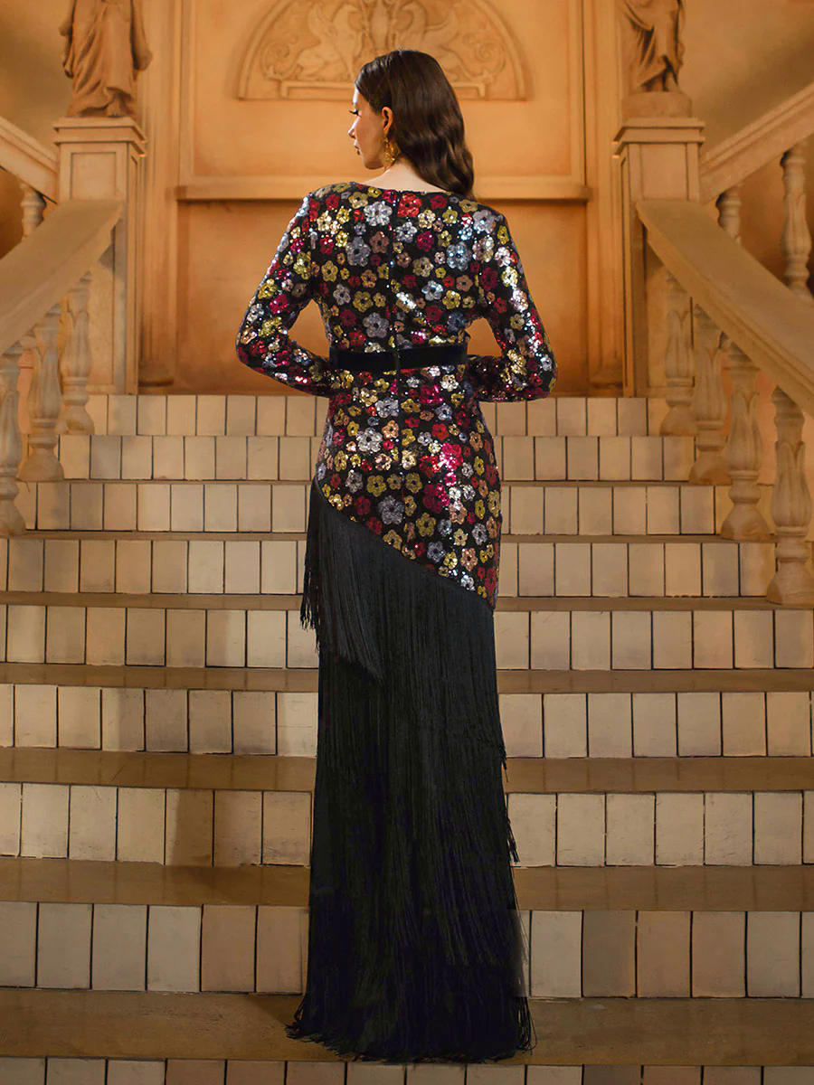 Fringed Split Floral Sequin Prom Dress GM00713 Fringed Split Floral Sequin Prom Dress GM00713