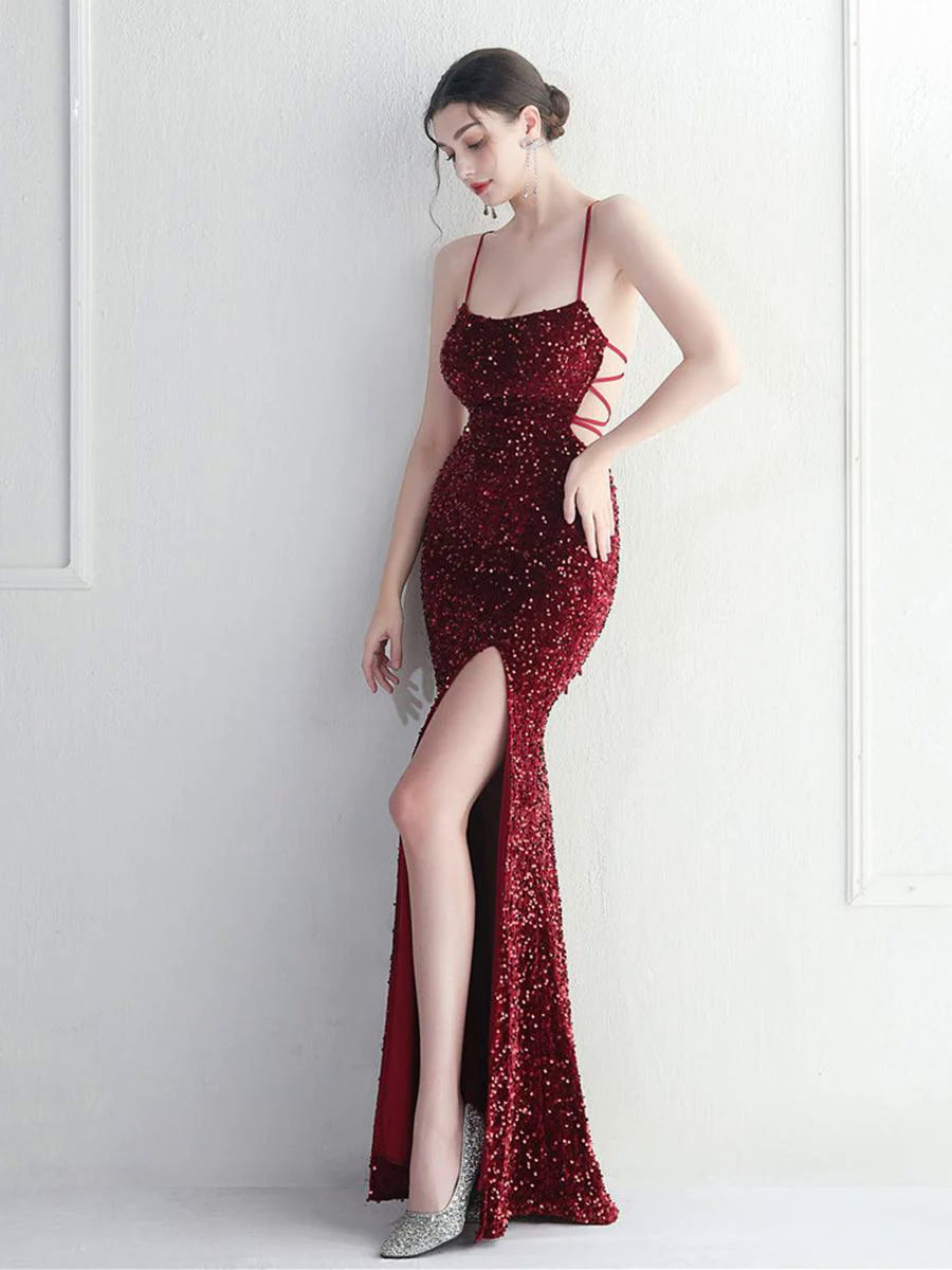 Lace Back Split Sequin Spaghetti Cocktail Dress MYC2004 Lace Back Split Sequin Spaghetti Cocktail Dress MYC2004