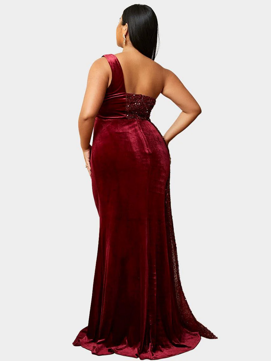 Plus Size One Shoulder Draped Sequin Burgundy Prom Dress PXH2356 Plus Size One Shoulder Draped Sequin Burgundy Prom Dress PXH2356