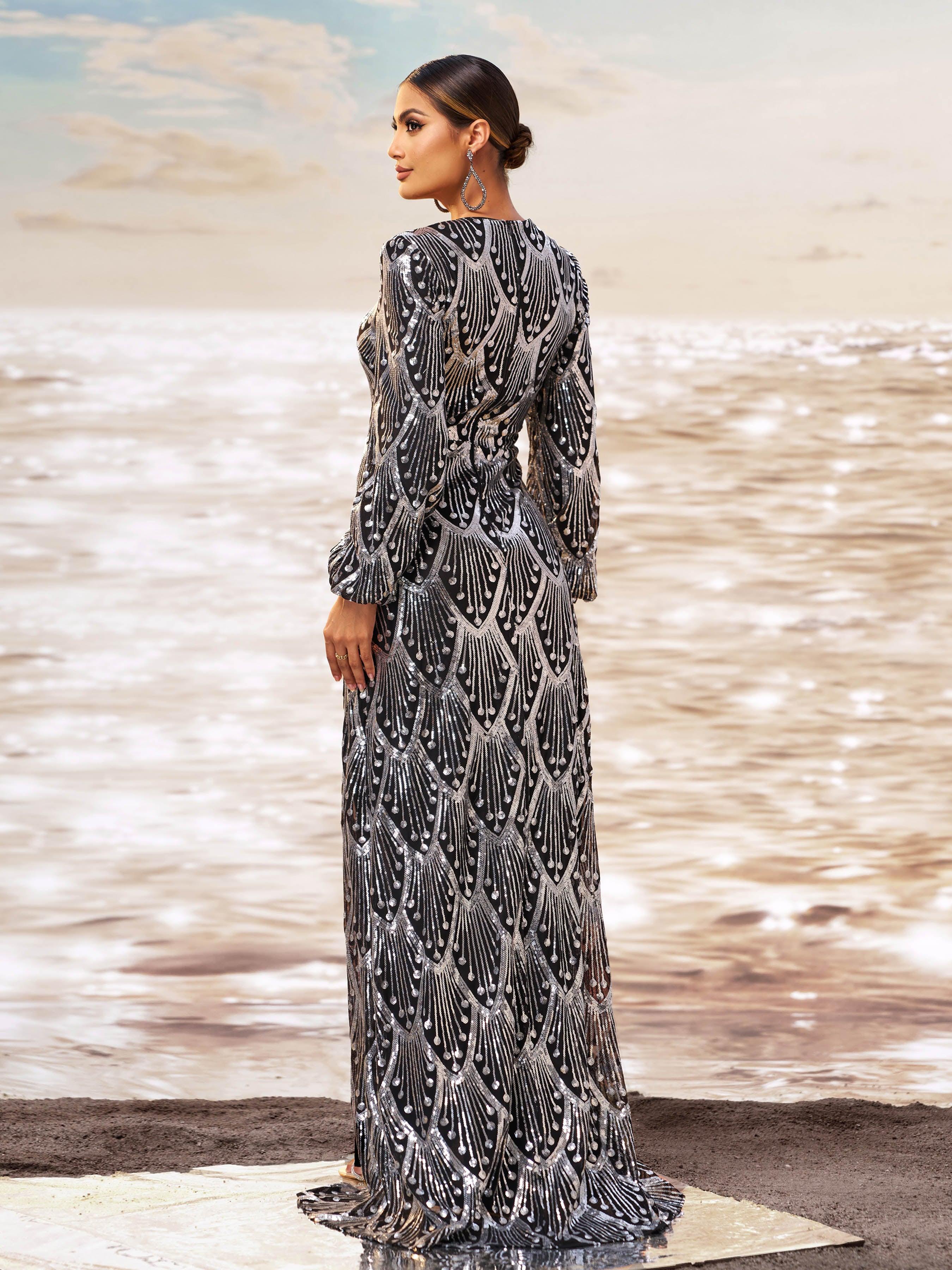 Black Sequin V-neck Split Evening Dress GM00658 Black Sequin V-neck Split Evening Dress GM00658