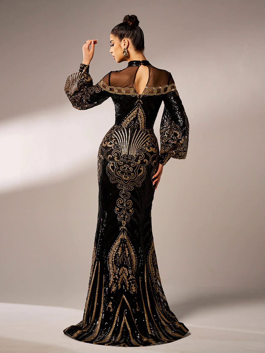 Luxe Embroidered Ballon Sleeve Evening Dress DH80229 Luxe Embroidered Ballon Sleeve Evening Dress DH80229