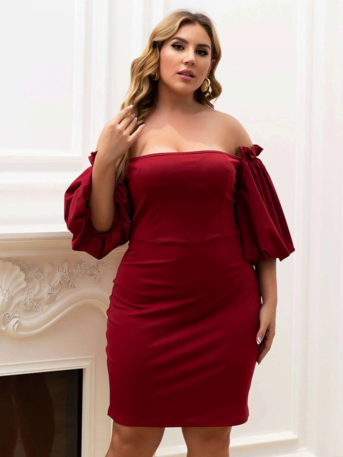Plus Size Off Shoulder Bishop Sleeve Mini Satin DarkRed Prom Dress P0052 Plus Size Off Shoulder Bishop Sleeve Mini Satin DarkRed Prom Dress P0052