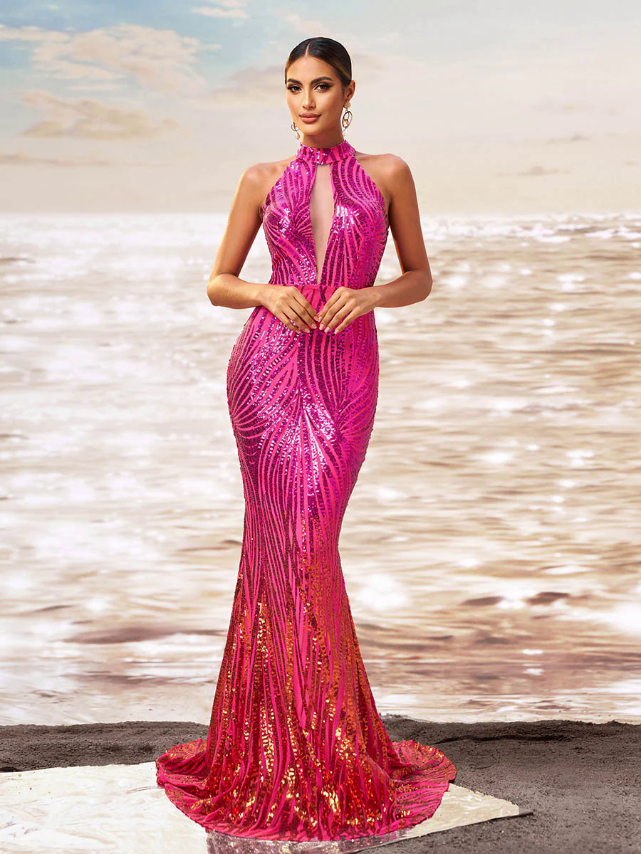 Pink Mermaid Sequin Floor Length Deep V Dress RJ11046 Pink Mermaid Sequin Floor Length Deep V Dress RJ11046