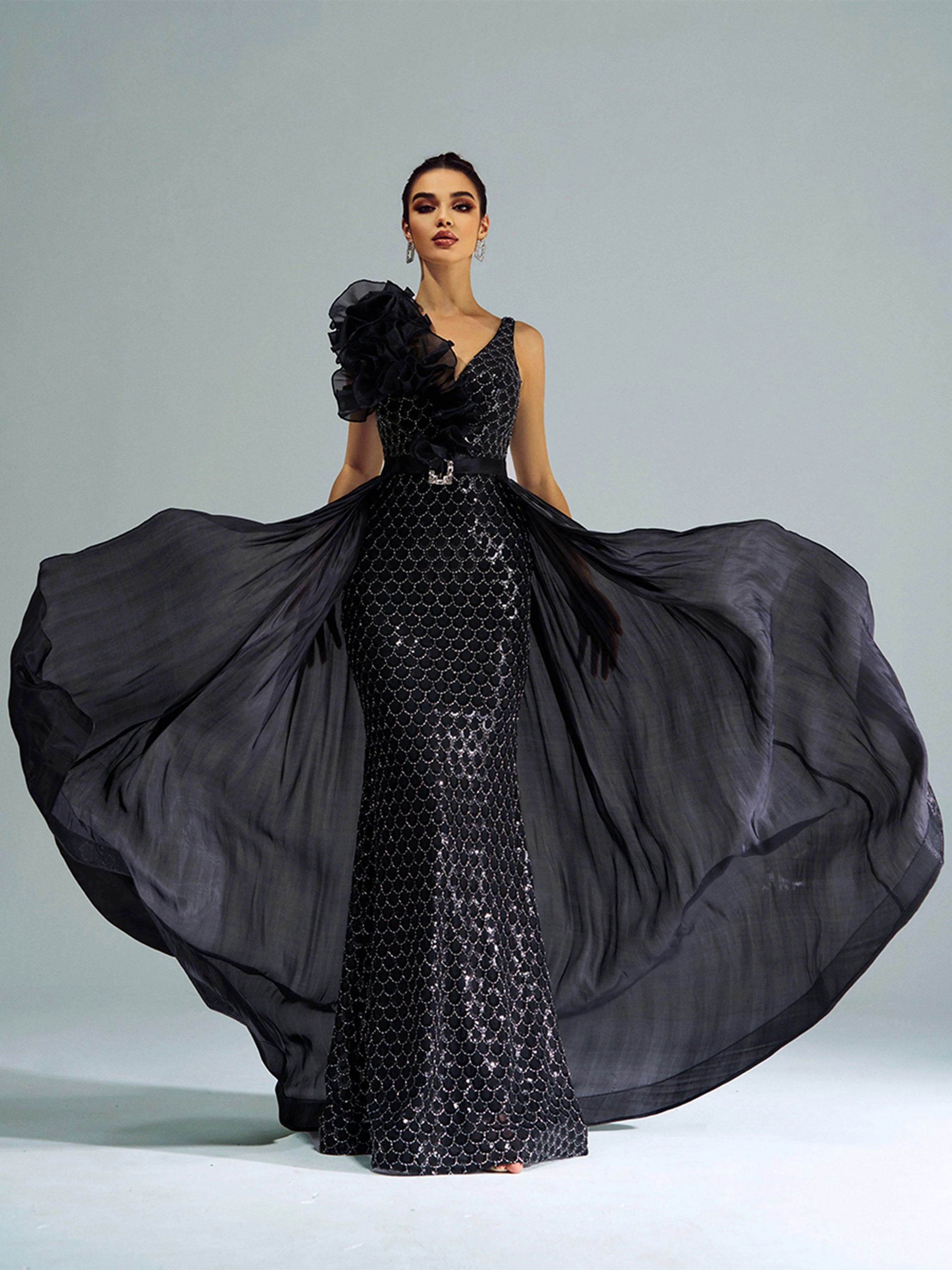 Ruffled Backless Mesh Cape Evening Dress DH80079 Ruffled Backless Mesh Cape Evening Dress DH80079