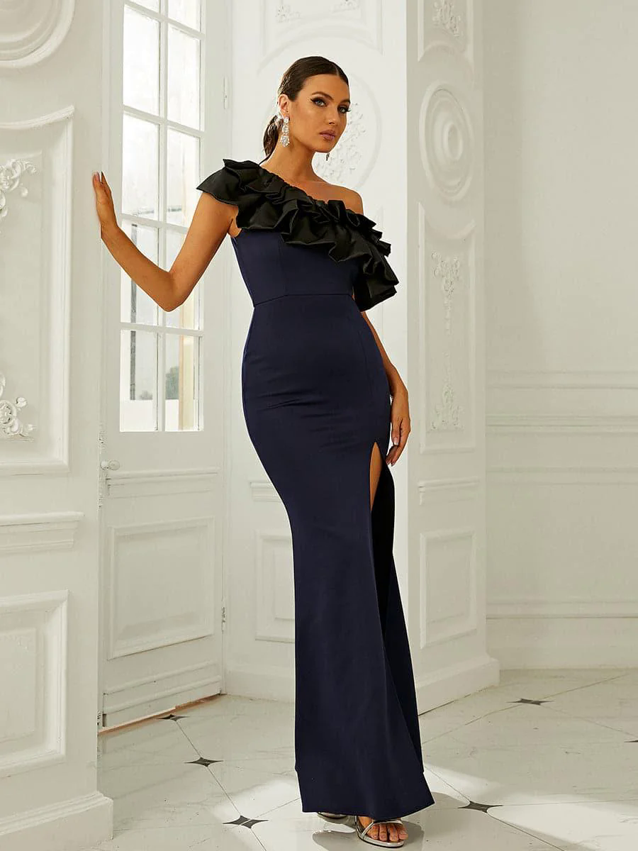 Elegant One Shoulder Ruffle Navy Prom Gown XJ1363 Elegant One Shoulder Ruffle Navy Prom Gown XJ1363