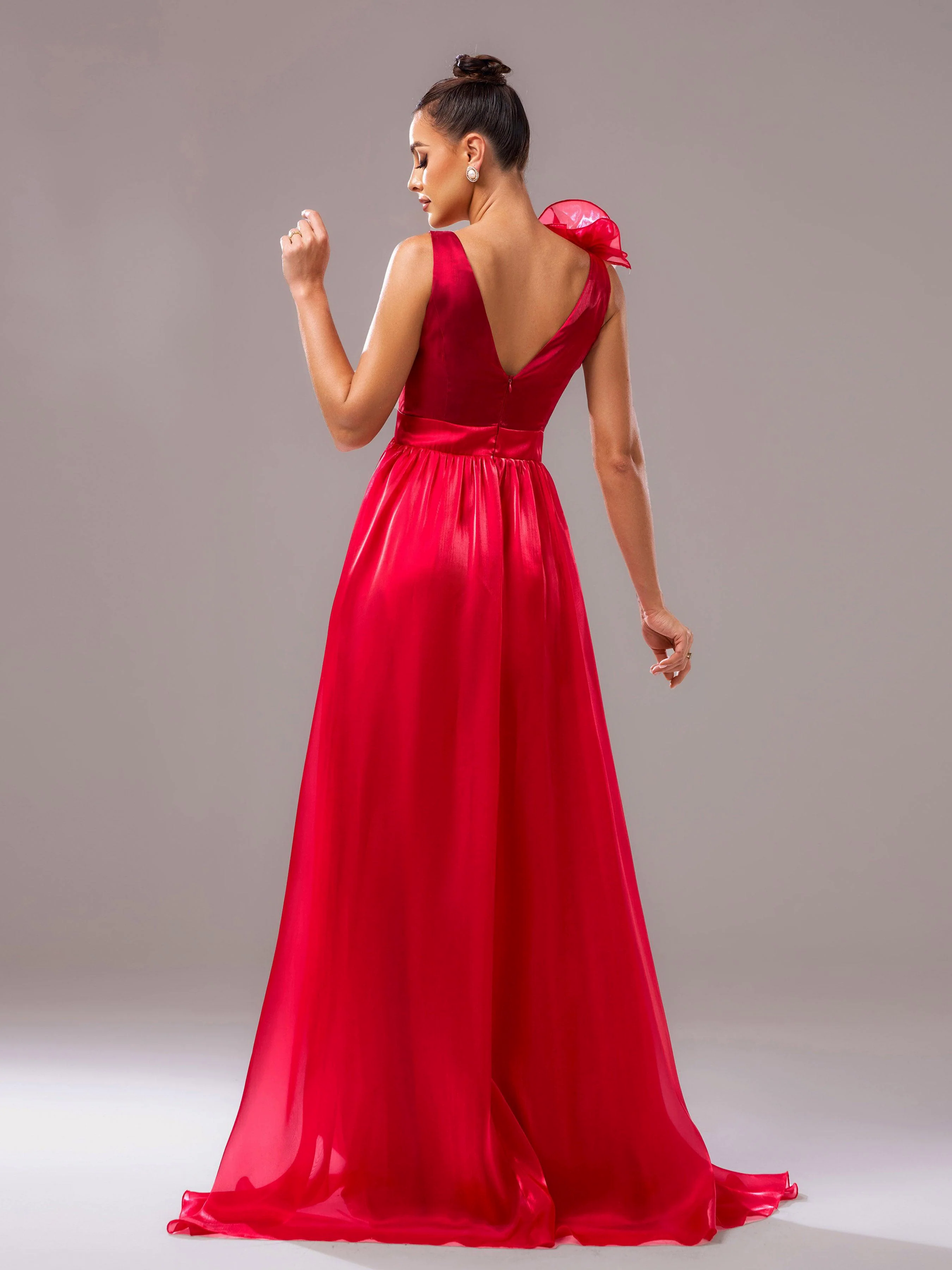 Red Floral Satin V-Neck A-line Evening Dress GZ60108 Red Floral Satin V-Neck A-line Evening Dress GZ60108