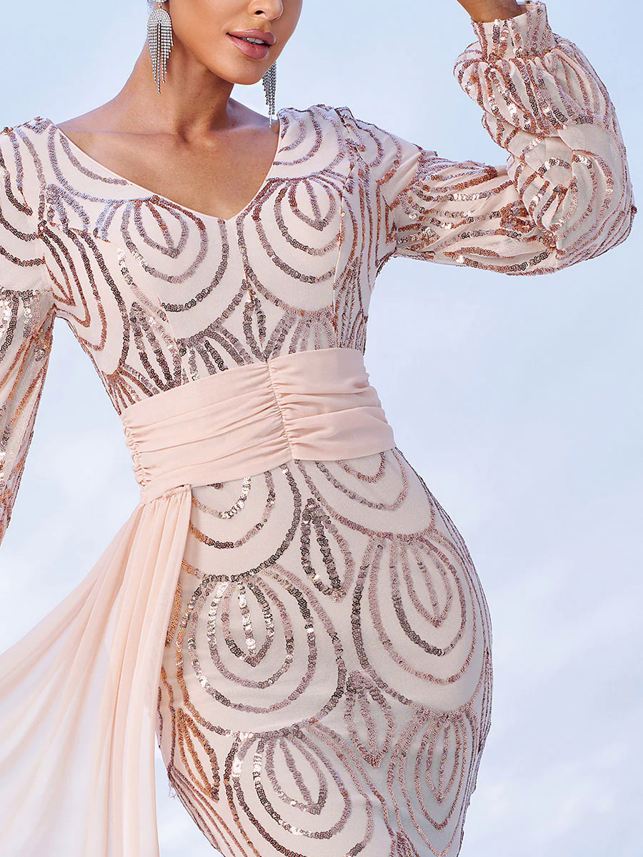 Formal Draping Sequin Long Sleeve Dress XJ1524 Formal Draping Sequin Long Sleeve Dress XJ1524