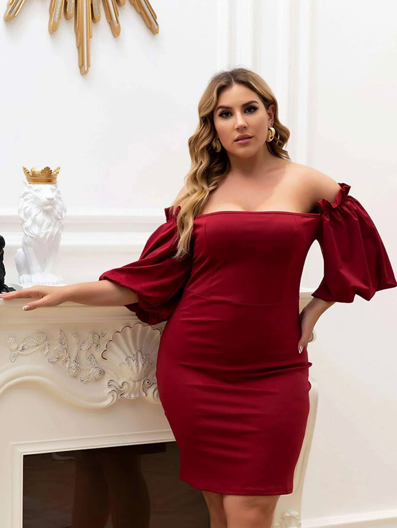 Plus Size Off Shoulder Bishop Sleeve Mini Satin DarkRed Prom Dress P0052 Plus Size Off Shoulder Bishop Sleeve Mini Satin DarkRed Prom Dress P0052