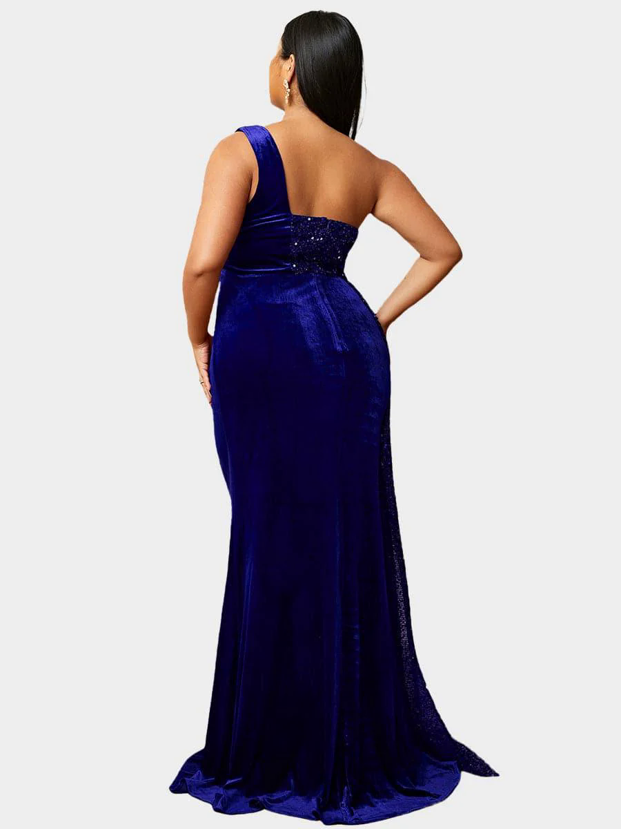 Plus Size One Shoulder Draped Sequin Burgundy Prom Dress PXH2356 Plus Size One Shoulder Draped Sequin Burgundy Prom Dress PXH2356