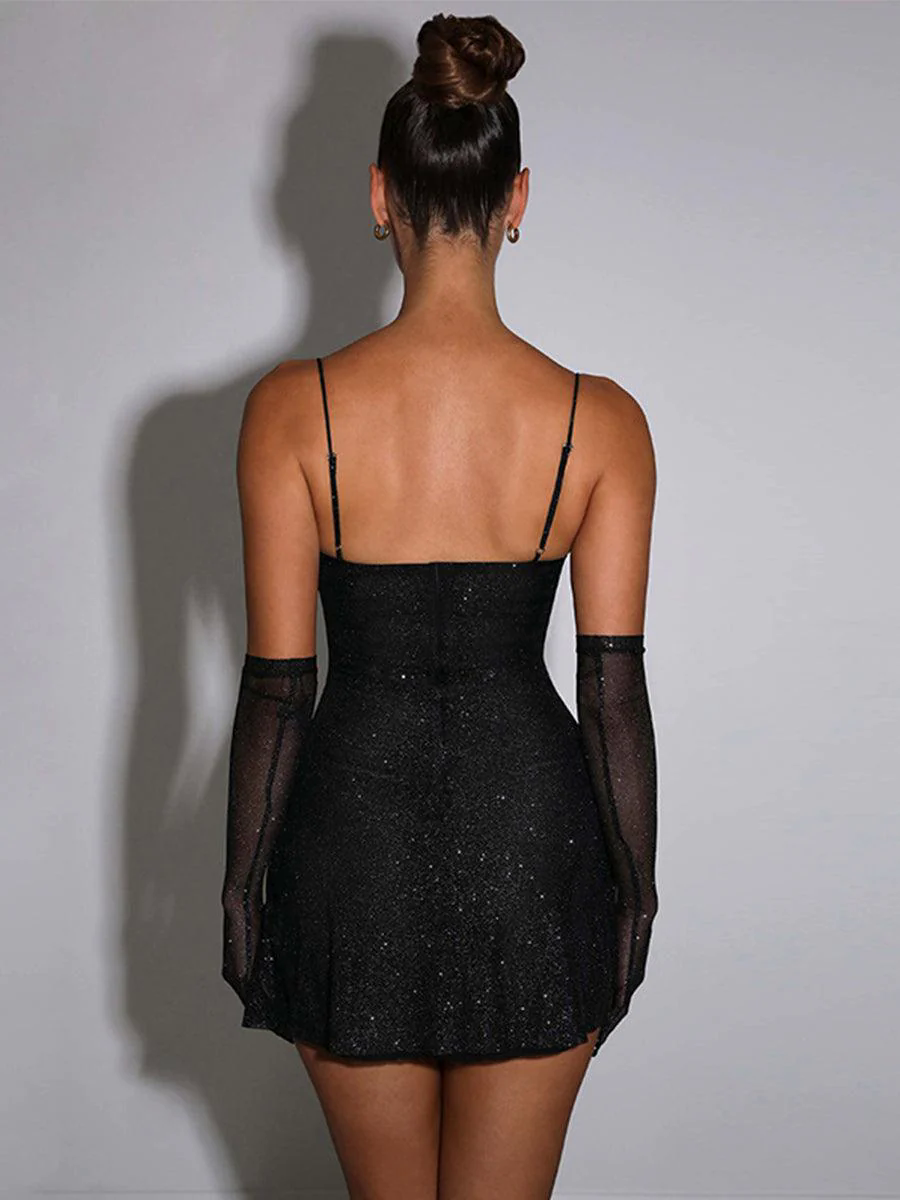 Black Spaghetti Glitter Party Mini Dress MYC1020 Black Spaghetti Glitter Party Mini Dress MYC1020