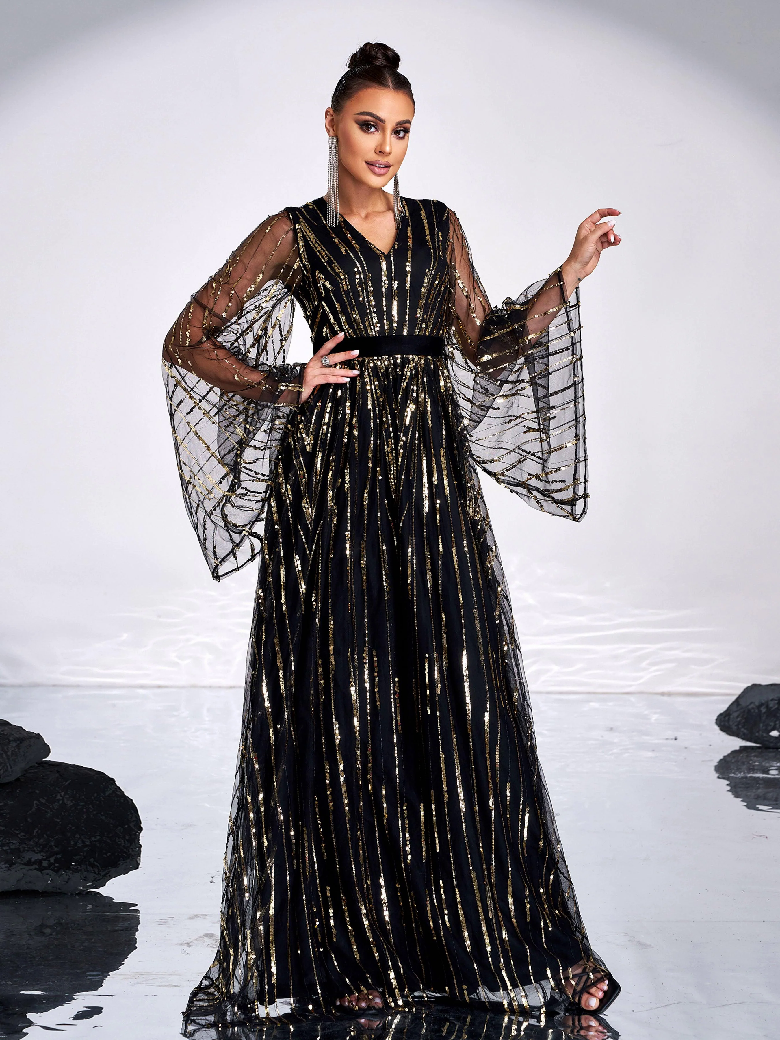 Black Sequined Mesh Prom Dress MES00647 Black Sequined Mesh Prom Dress MES00647