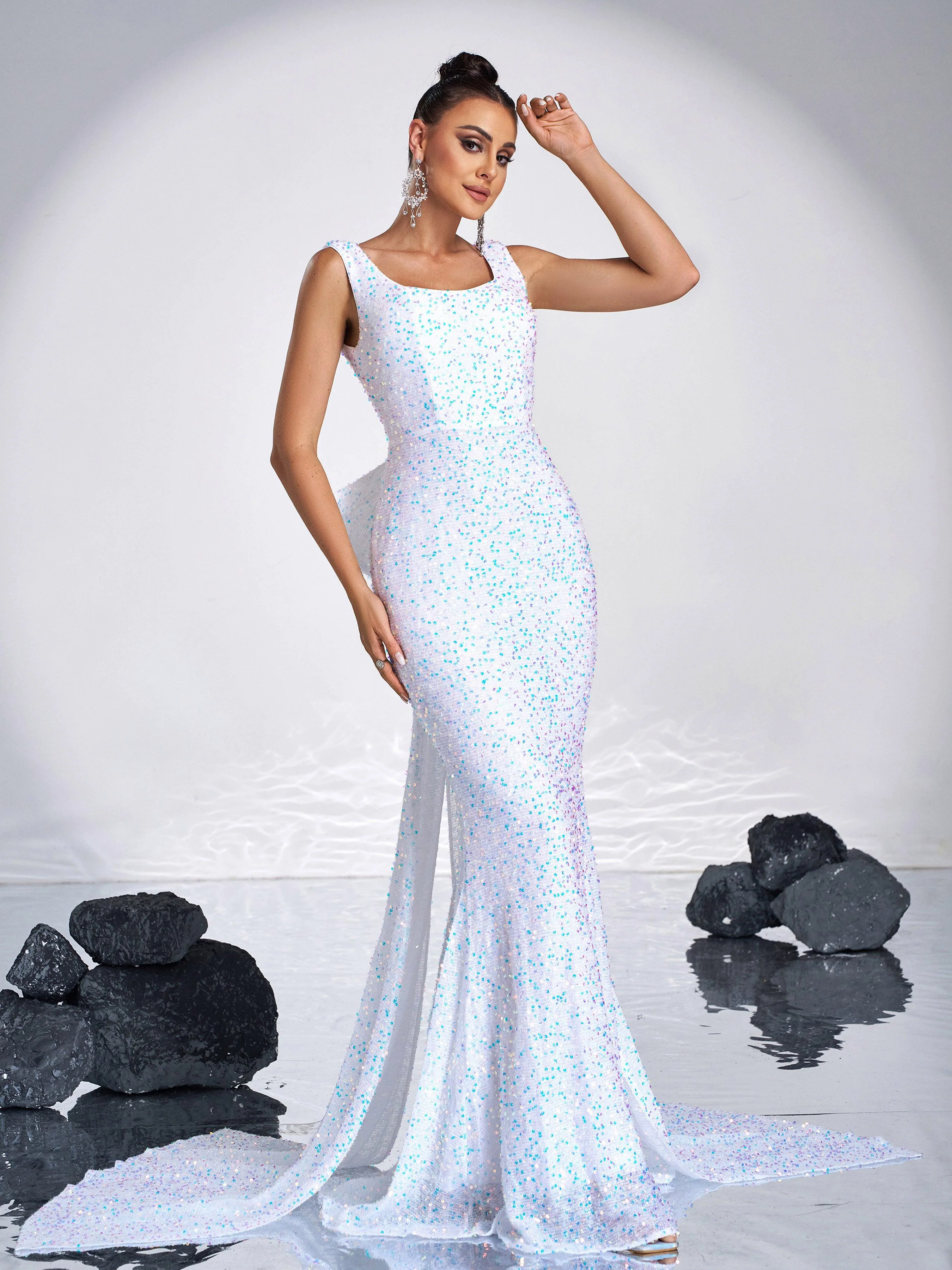 Bow Knot Sleeveless White Sequin Dress RM21232 Bow Knot Sleeveless White Sequin Dress RM21232