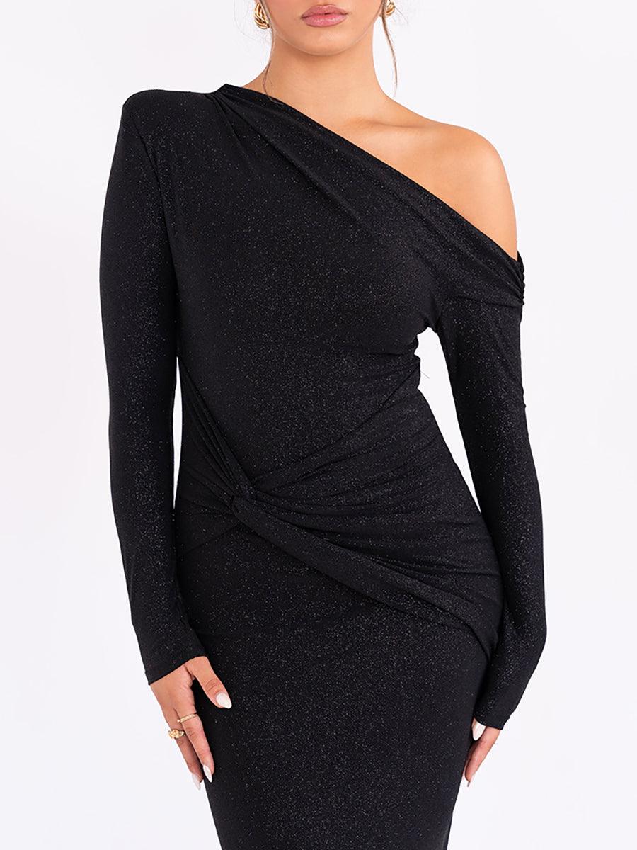 Slash Neck Solid Ruched Knot Prom Dress MYC2023 Slash Neck Solid Ruched Knot Prom Dress MYC2023