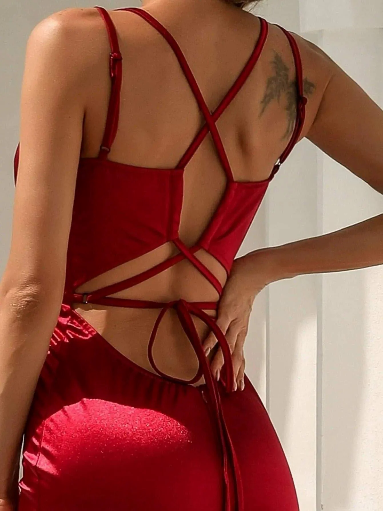 Lace Up Mermaid Satin Dress M01077 Lace Up Mermaid Satin Dress M01077