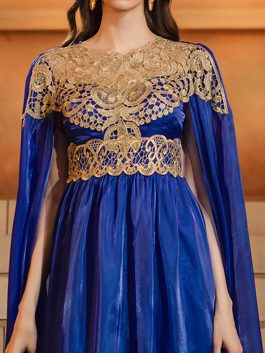 Blue Cape Sleeve Muslim Embroidered Dress DH80540 Blue Cape Sleeve Muslim Embroidered Dress DH80540