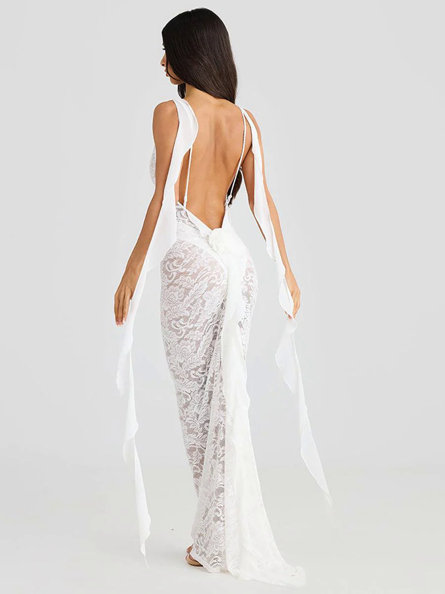 Backless Lace See-through Floral Party Dress MYC2025 Backless Lace See-through Floral Party Dress MYC2025