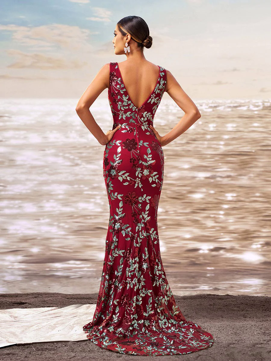 Floral V-neck Sequin Mermaid Prom Dress RJ10790 Floral V-neck Sequin Mermaid Prom Dress RJ10790