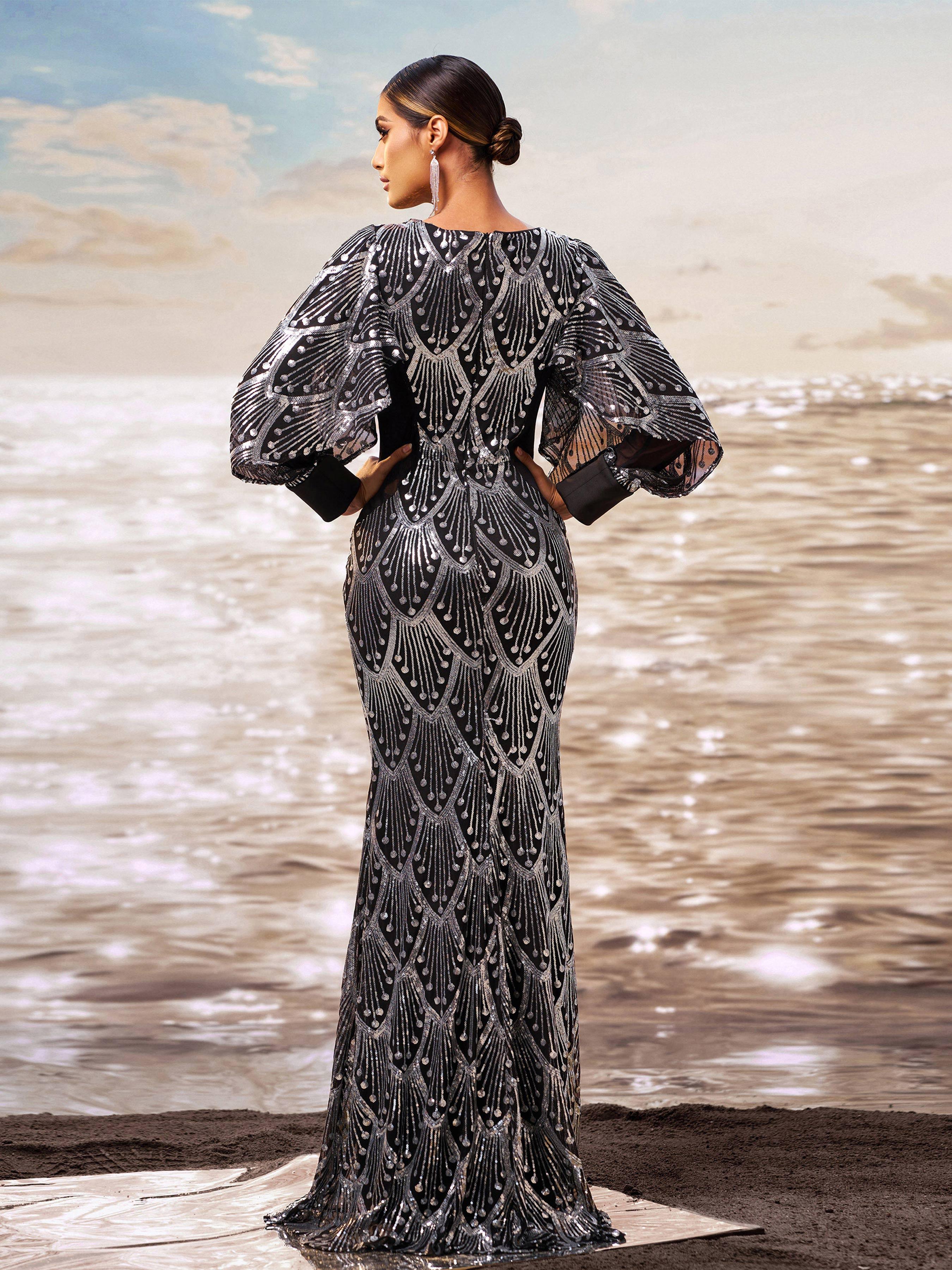 Classic Black Sequin Ballon Sleeve Prom Dress DH80287 Classic Black Sequin Ballon Sleeve Prom Dress DH80287