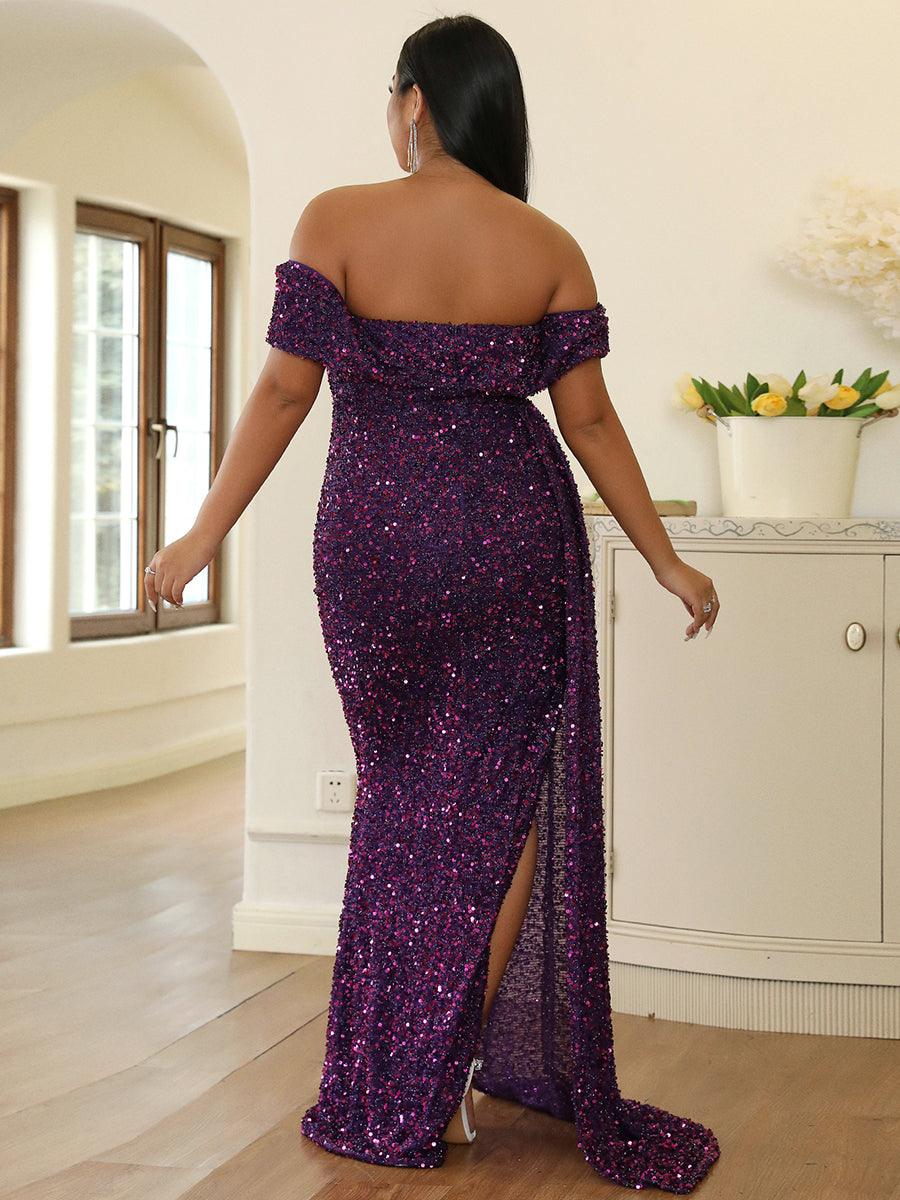 Plus Off Shoulder Draped Sequin Prom Dress PXH2132 Plus Off Shoulder Draped Sequin Prom Dress PXH2132