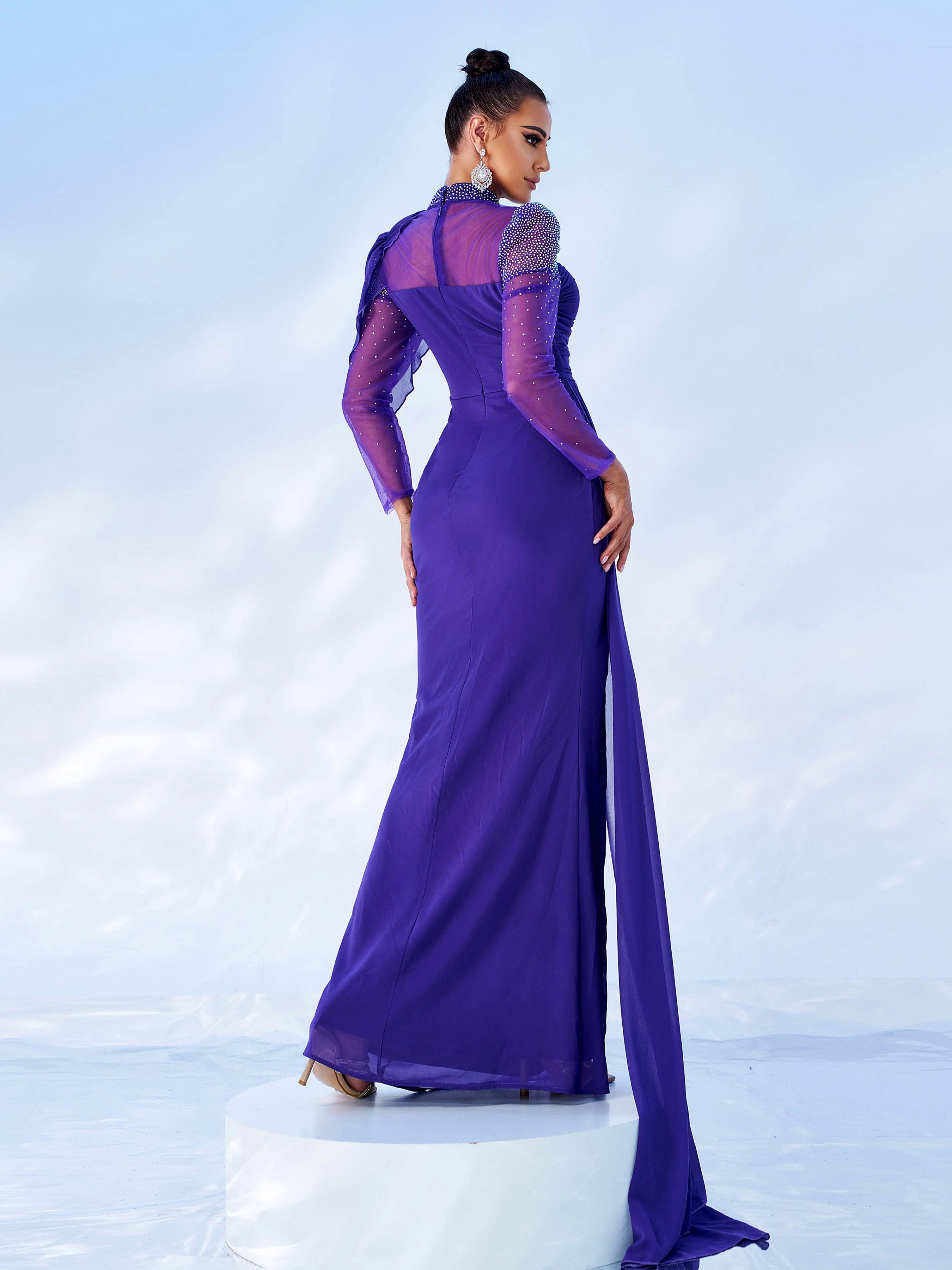 Purple Draped Panel Ruched Prom Dress MES00594 Purple Draped Panel Ruched Prom Dress MES00594